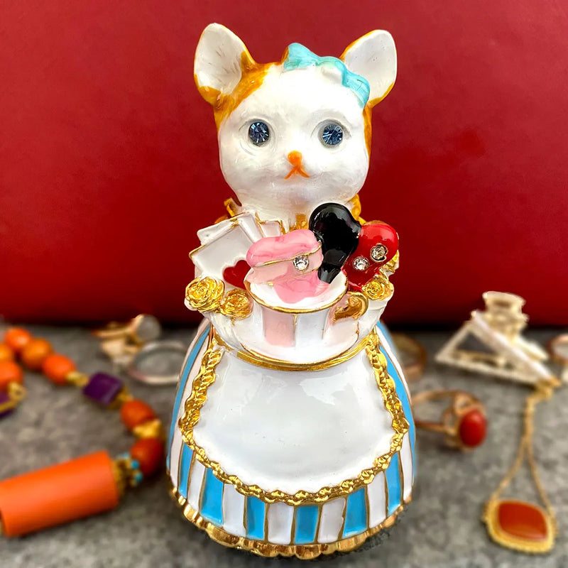 Afralia Elegant Cat Jewelry Trinket Box | Hinged Enamel Figurines | Collectible Gift Holder