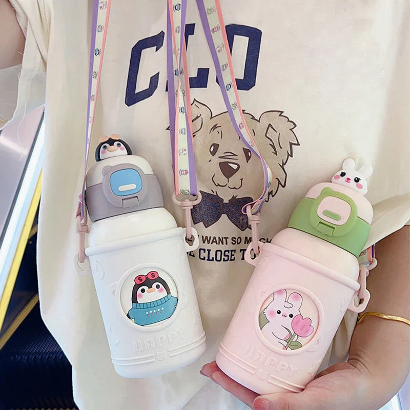 Afralia™ Cute Animals Thermos Bottle with Silicone Straw, Leak-Proof Vacuum Flask