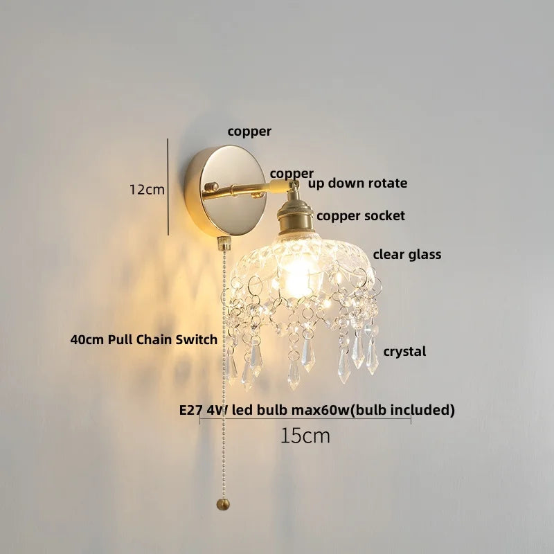 Afralia™ Rotatable LED Wall Sconce Clear Glass Reading Lamp with Pull Chain Switch