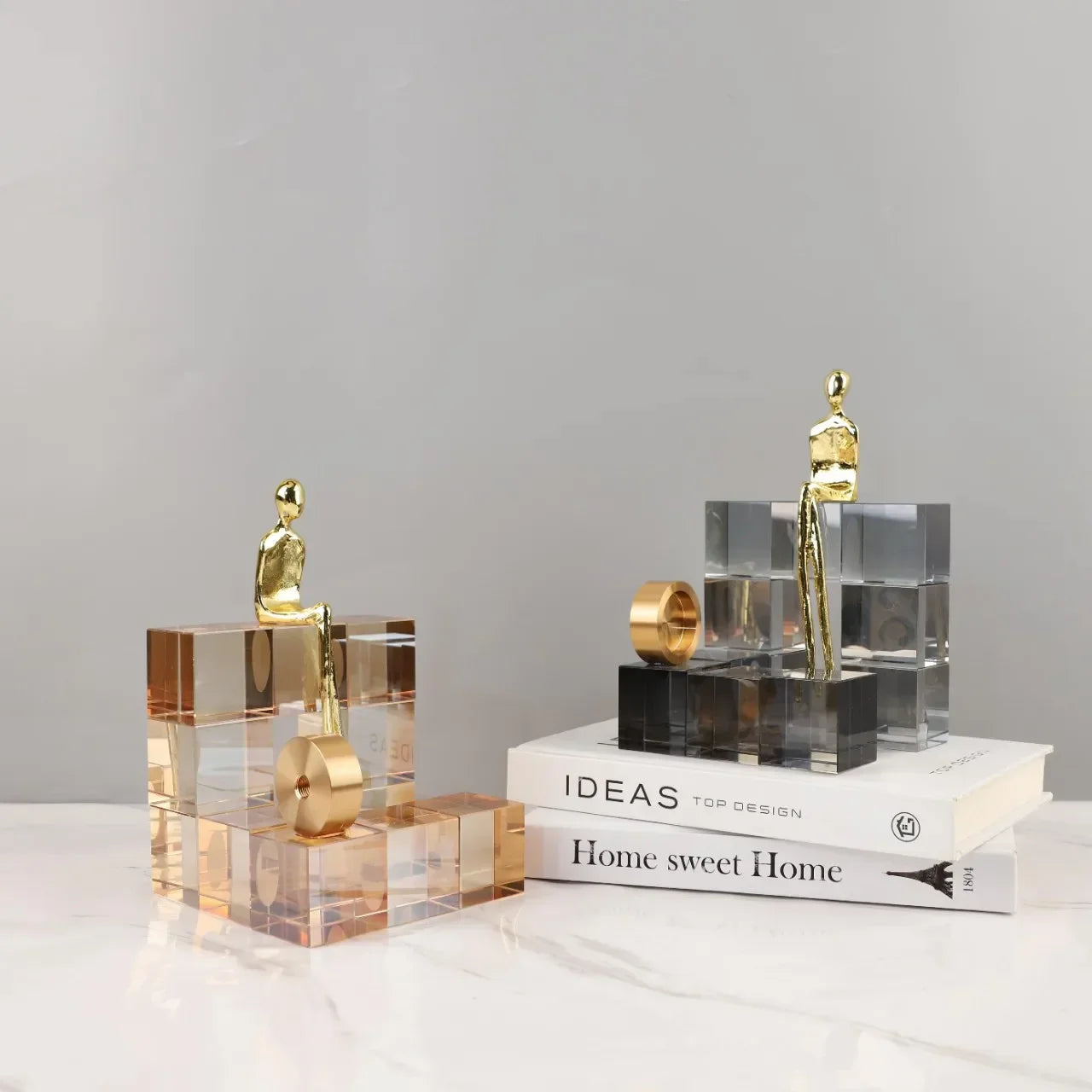 Afralia™ Geometric Stair Crystal Ornament Metal Gold Sculpture