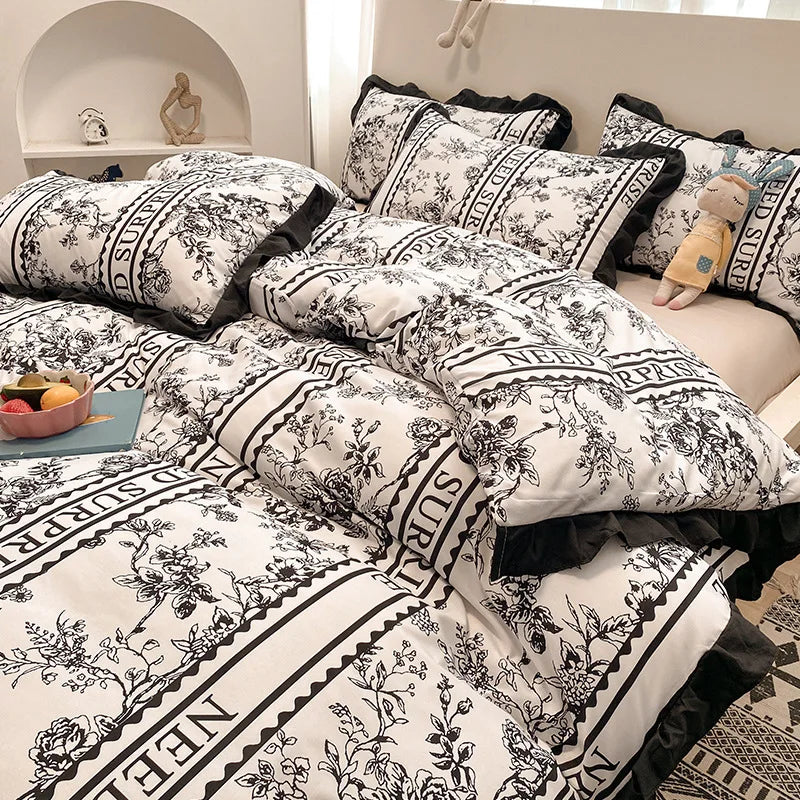 Afralia™ Princess Style Ruffles Duvet Cover Set with Flower Print and Pillow Case