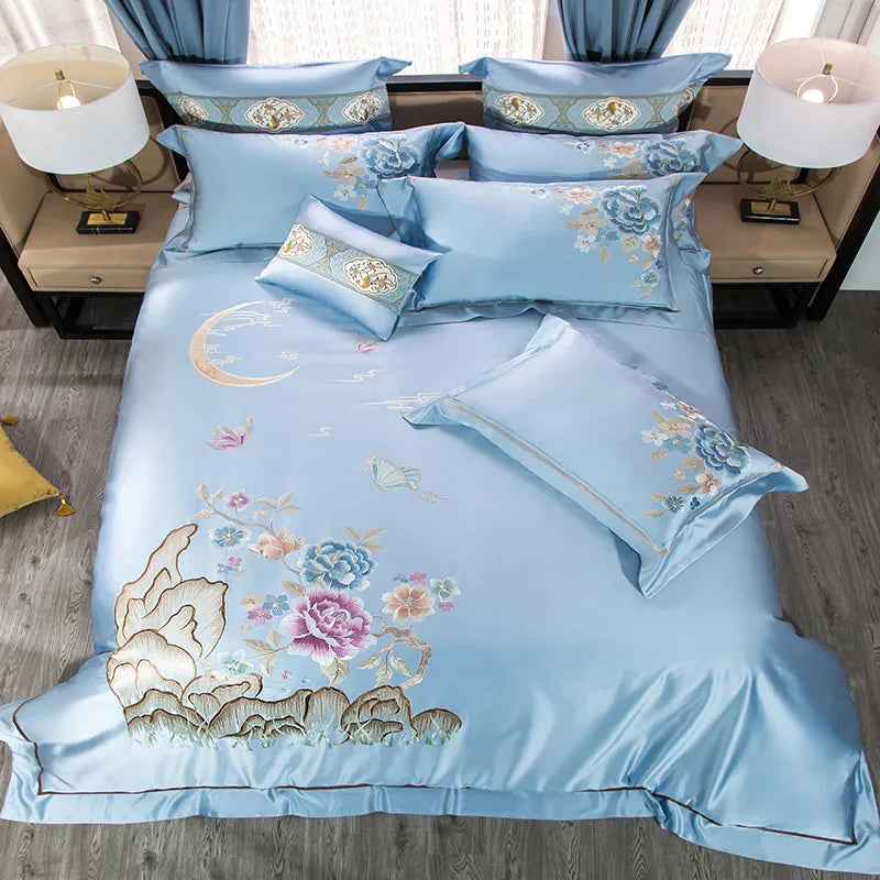 Afralia™ 200S Cotton Embroidery Bedding Set - Queen King Linens - Duvet Cover Sheets