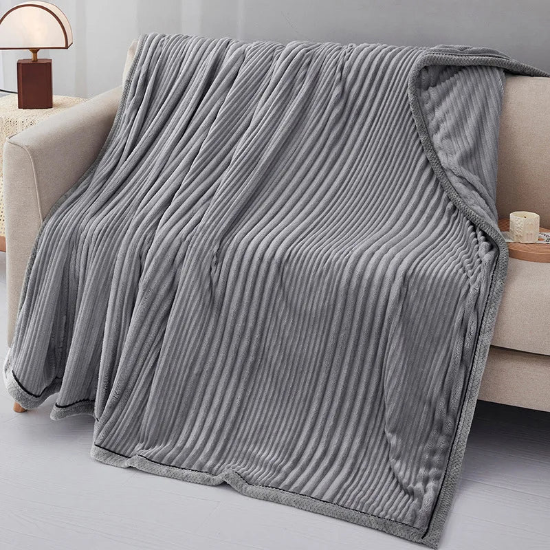 Afralia™ Solid Stripe Faux Rabbit Blanket Flannel for All Seasons, Single Double Bed