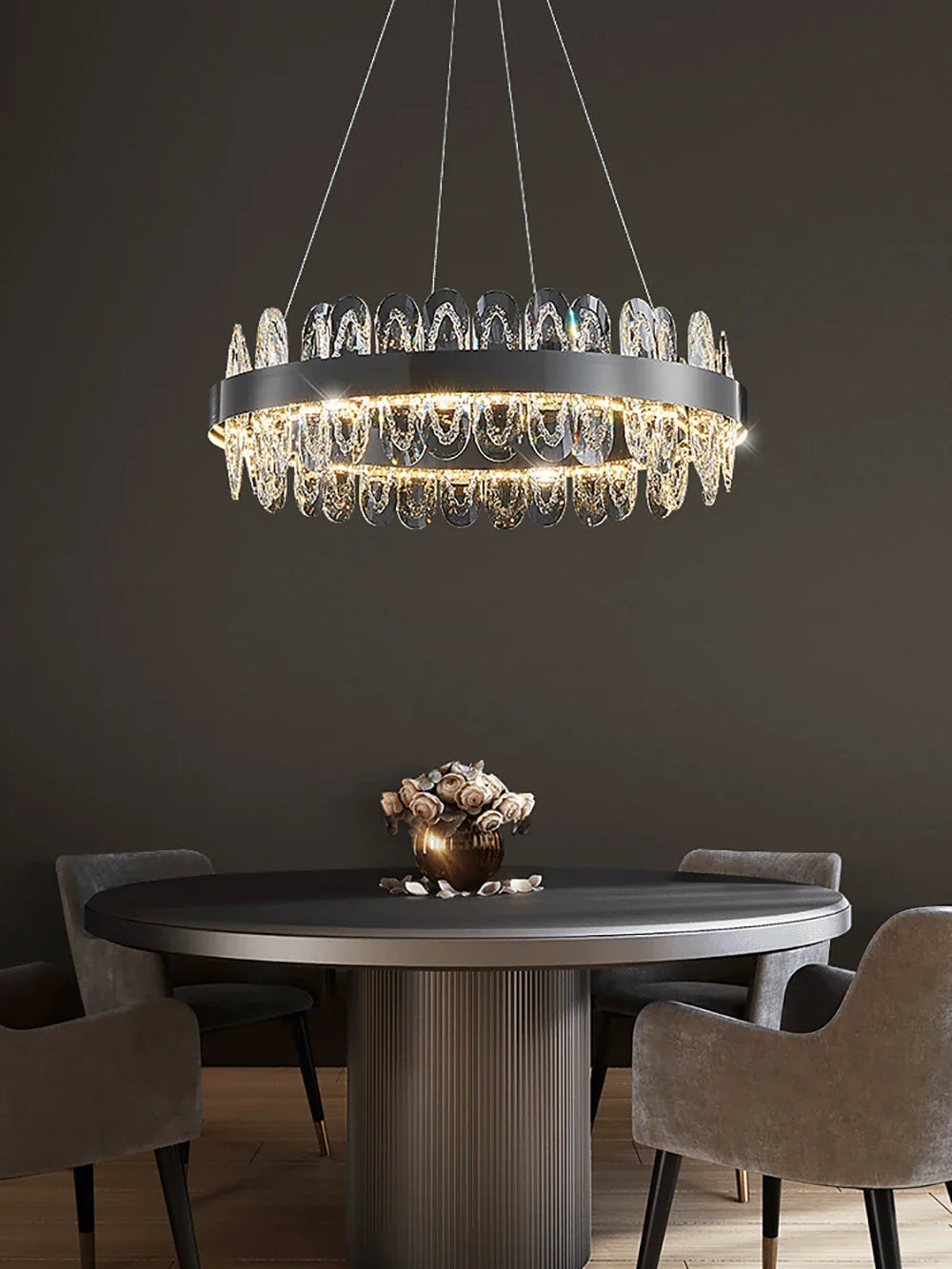 Afralia™ Round LED Crystal Chandelier in Gold/Black for Luxe Living Room Lighting