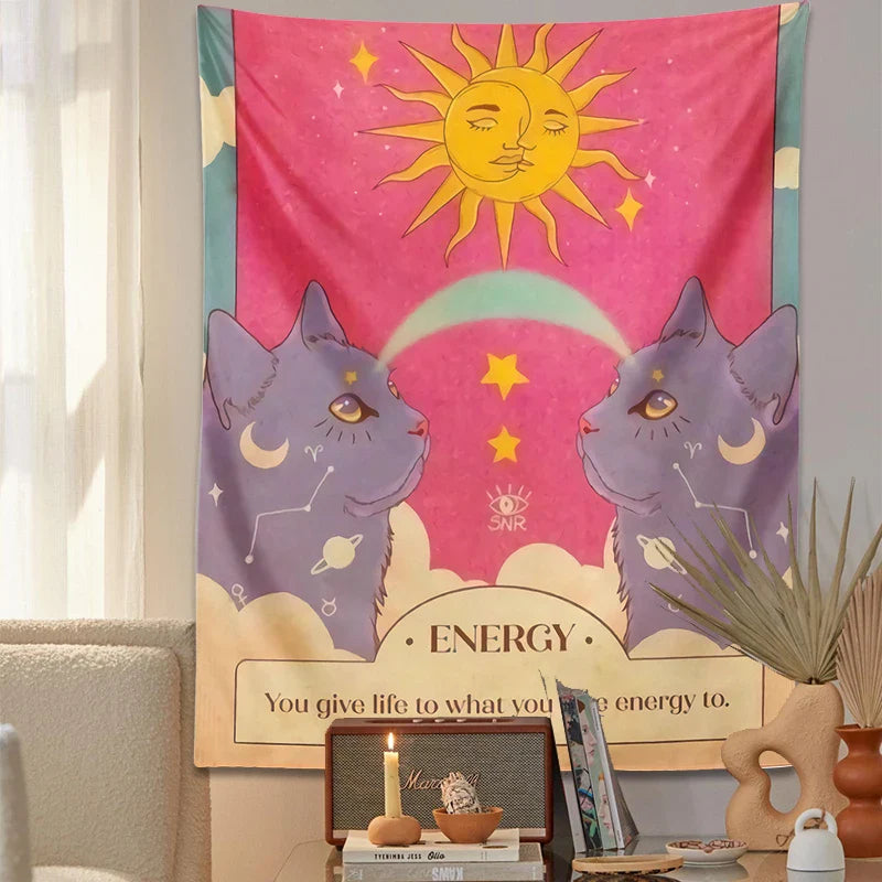 Afralia™ Tarot Constellation Cat Energy Wall Art Tapestry - Sun Moon Decor