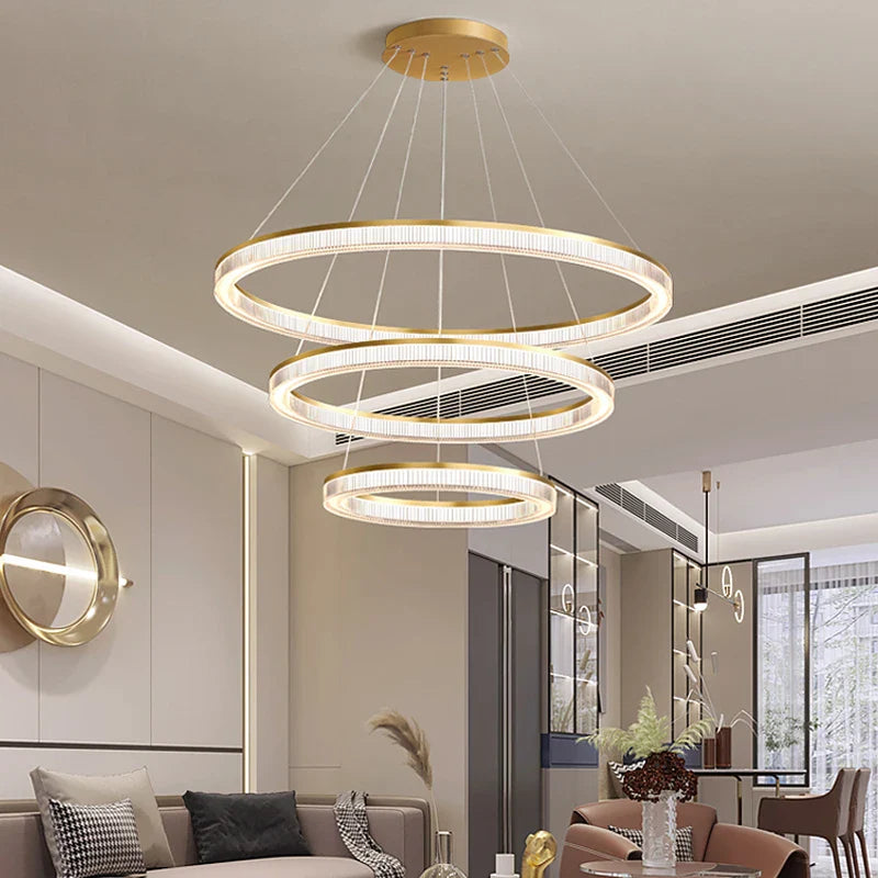 Afralia™ White Gold Round Ring LED Pendant Chandelier for Living Room & Dining Area