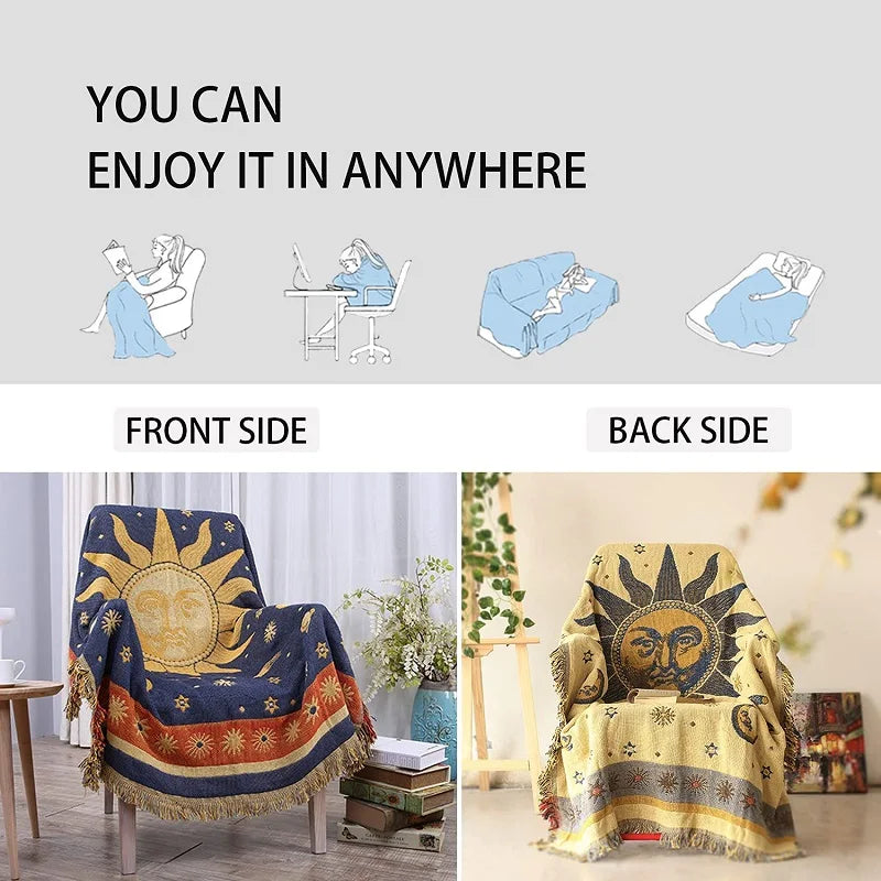 Afralia™ Woven Microfiber Sofa Throw Blanket | Double Sided Sungod Design | Multi-Functional Bed and Outdoor Blanket