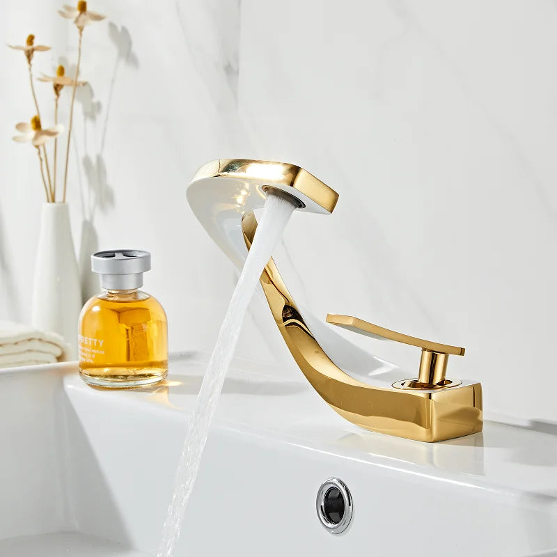 Afralia™ Gold & White Bathroom Basin Faucet Deck Mounted Sink Tap, Brass with Rose Gold Accent