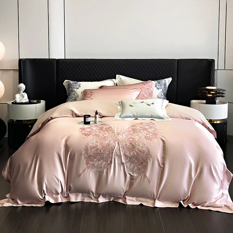 Afralia™ Butterfly Flowers Embroidery Luxury Bedding Set 4Pcs