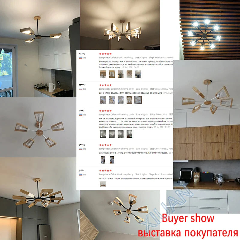 Afralia™ Windmill Wooden Chandelier with E27 LED Lights, Modern Nordic Ceiling Lamp