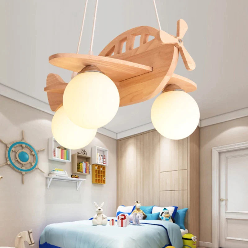 Afralia™ LED Wooden Aircraft Kids Chandelier Boys Girls Room Decor Hanging Pendant Lights