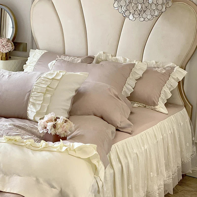 Afralia™ 1000TC Egyptian Cotton Flowers Embroidery Bedding Set with Vintage French Ruffles.