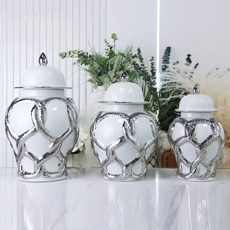 Afralia™ Checkmate Ceramic Jar with Gold Cross Cord, Porcelain Flower Vase and Storage Tank