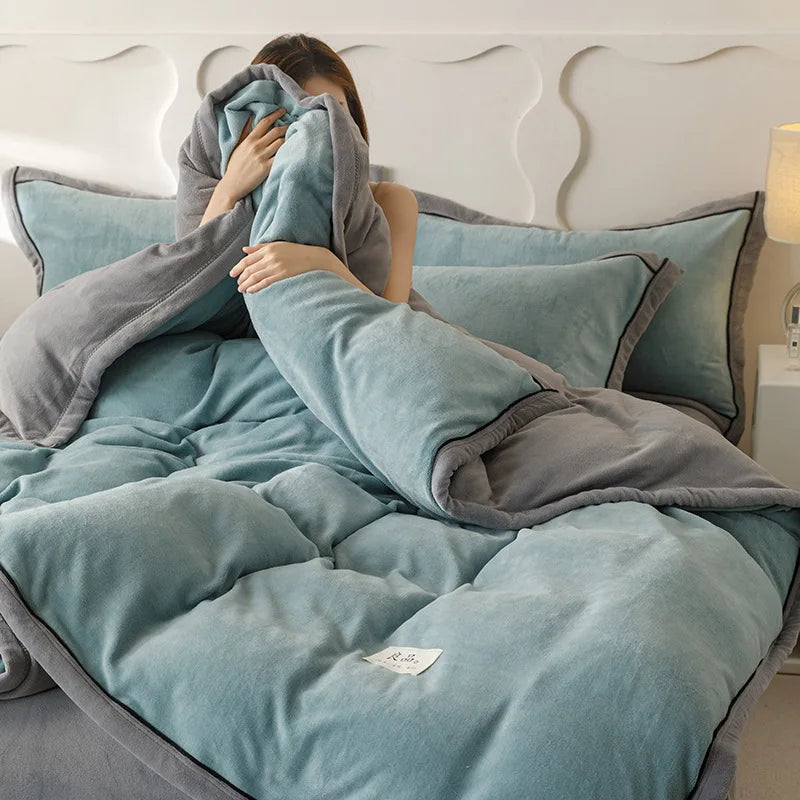 Afralia™ Winter Plush Milk Velvet Duvet Cover, Cozy Solid Warm Quilt for Adult Bedding