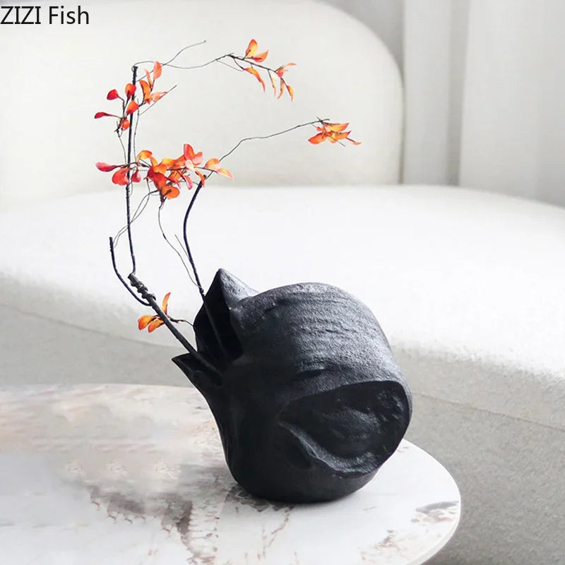 Afralia™ Black Vase Abstract Artwork Flowers Pots Desk Decoration Aesthetic Décor