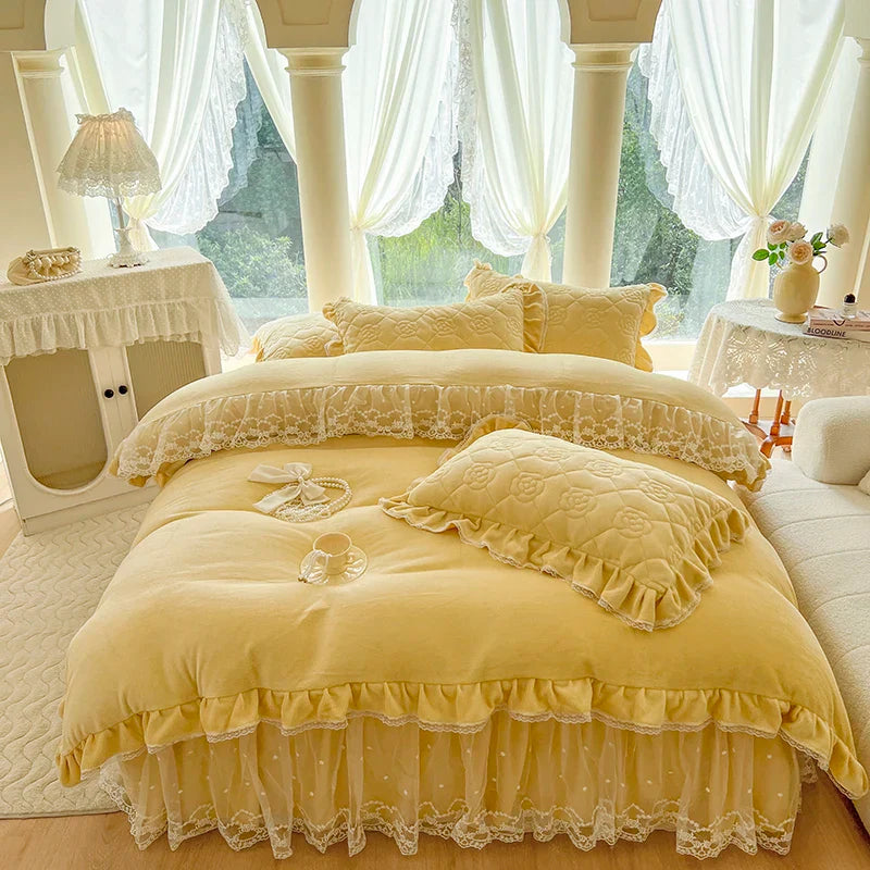 Afralia™ Velvet Princess Lace Ruffles Bedding Set - 4pcs Luxury Solid Color