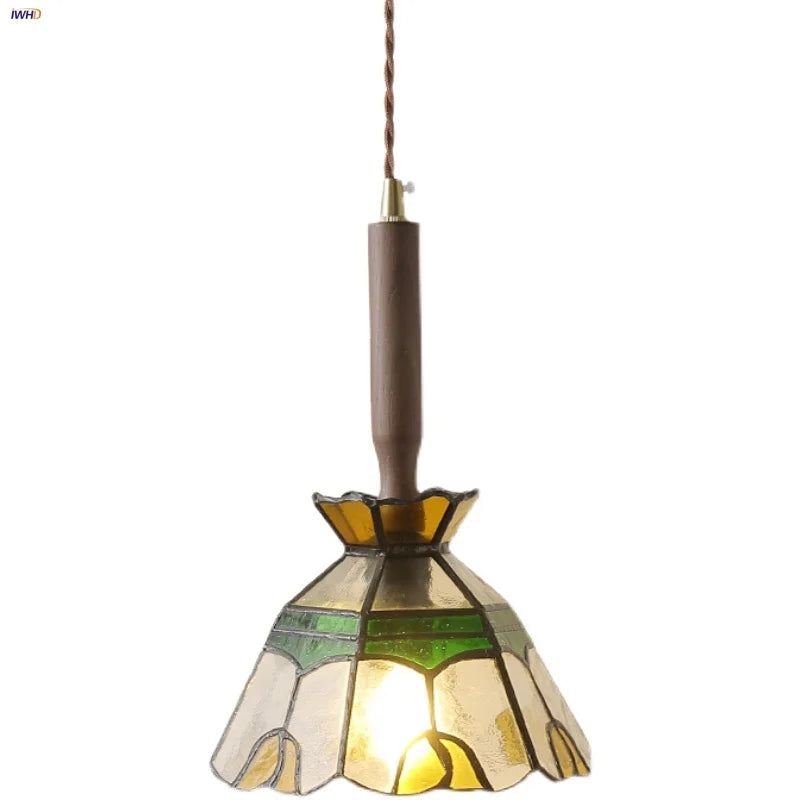 Afralia™ Tiffany Style Glass LED Pendant Lights with Walnut Wood and Adjustable Wire