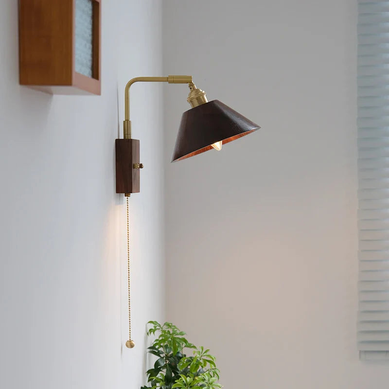 Afralia™ Walnut Wood LED Wall Sconce with Pull Chain Switch, Rotating Vanity Mirror Light