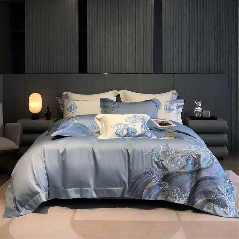 Afralia™ Blue Tides Waves Embroidery 1200TC Luxury Bedding Set with Duvet Cover, Sheet, Pillowcases