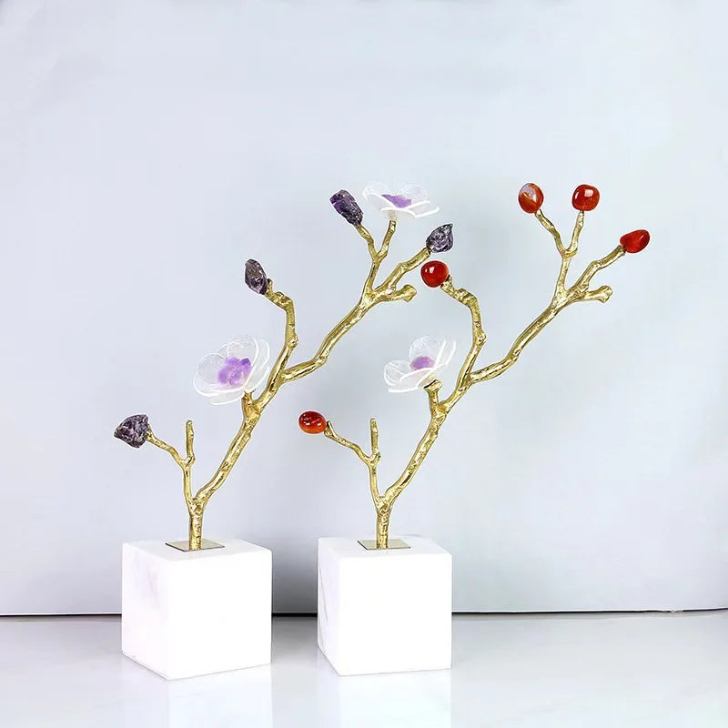 Afralia™ Crystal Flower Tree Sculpture: Golden Branches with Marble Base