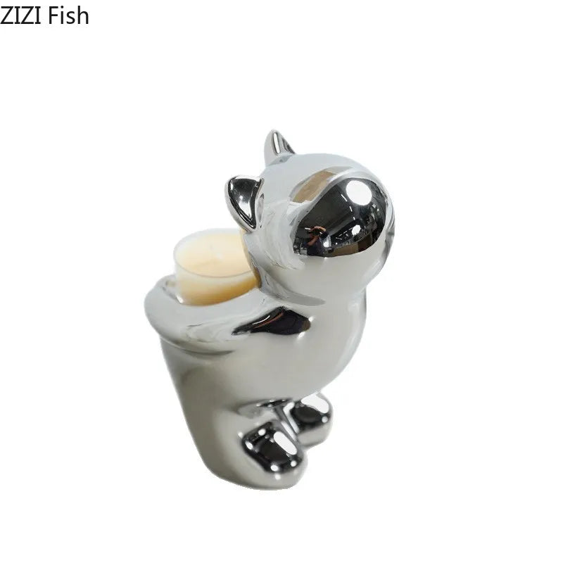 Afralia™ Silver Ceramic Cat Candle Holder Home Aroma Container & Decorative Desk Ornament