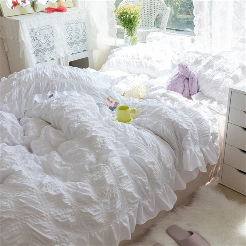 Afralia™ Princess Seersucker Kawaii Bedding Set | Lovely Ruffles Duvet Cover | Soft Comfortable Bed Sets