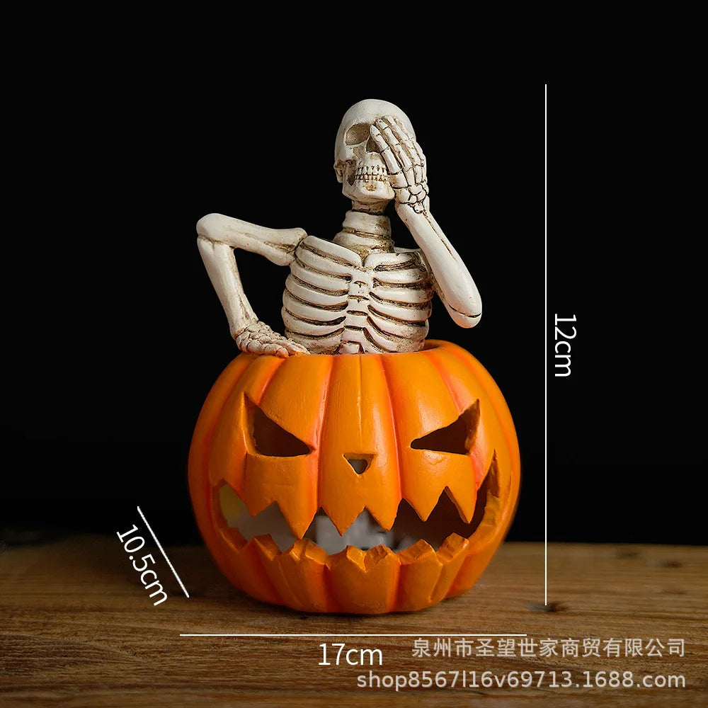 Afralia™ Halloween Skull Pumpkin Skeleton Sculpture Resin Home Decor Statuette