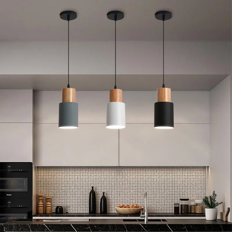 Afralia™ Nordic LED Metal Wood Pendant Chandeliers for Dining Kitchen Bar Bedside Lighting