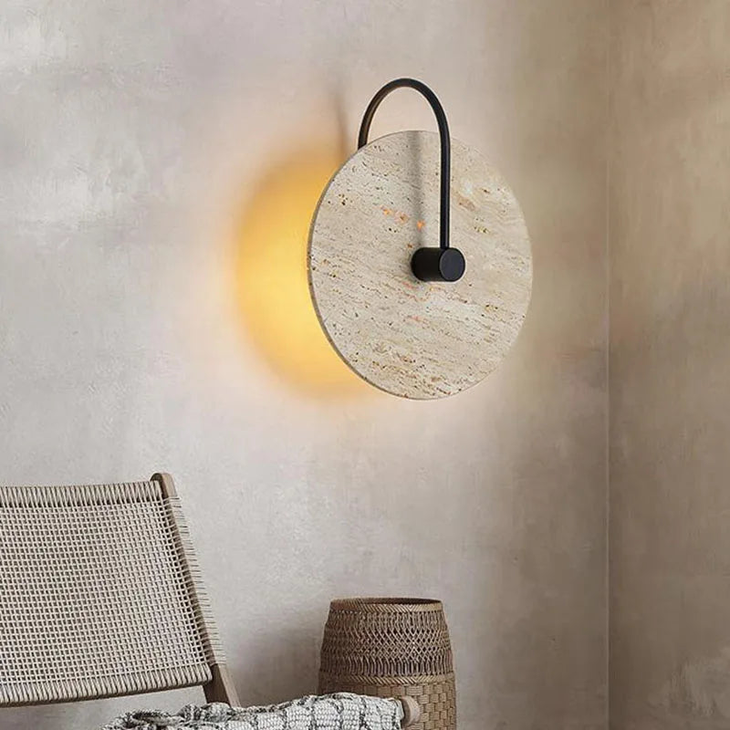 Afralia™ Round Stone LED Wall Lights Black Metal Sconce Lamp for Bedroom & Foyer