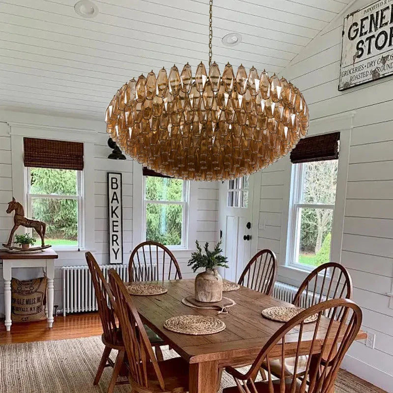 Afralia™ Amber Glass Ceiling Chandelier - Vintage Luxury Round Classic Hanging Lamp