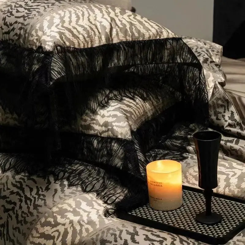 Afralia™ Black Lace Leopard Print 1000TC Egyptian Cotton Bedding Set 4Pcs