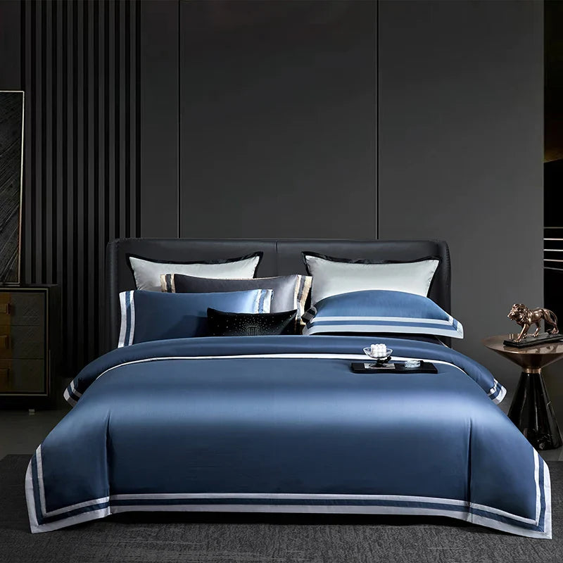 Afralia™ Luxury White Gray Hotel Style Embroidery Bedding Set, Silky Soft 1400TC Egyptian Cotton