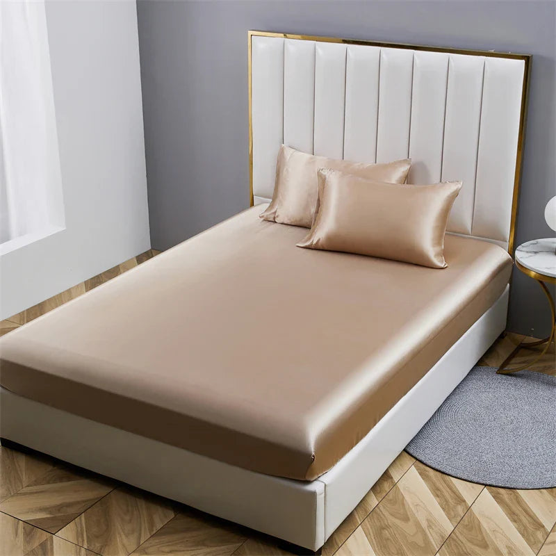 Afralia™ Satin Queen/King Size Fitted Bed Sheet Set Luxurious Soft Silky Elastic Bedsheet