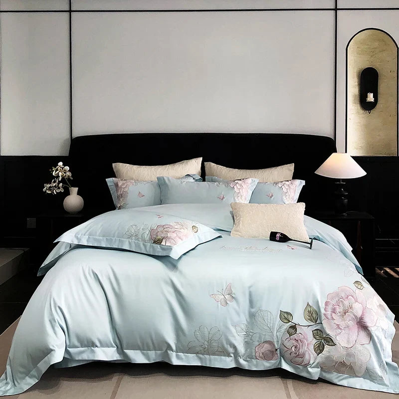 Afralia™ Butterfly Flowers Embroidery 600TC Egyptian Cotton Bedding Set: Duvet Cover, Bed Sheet, Pillowcases