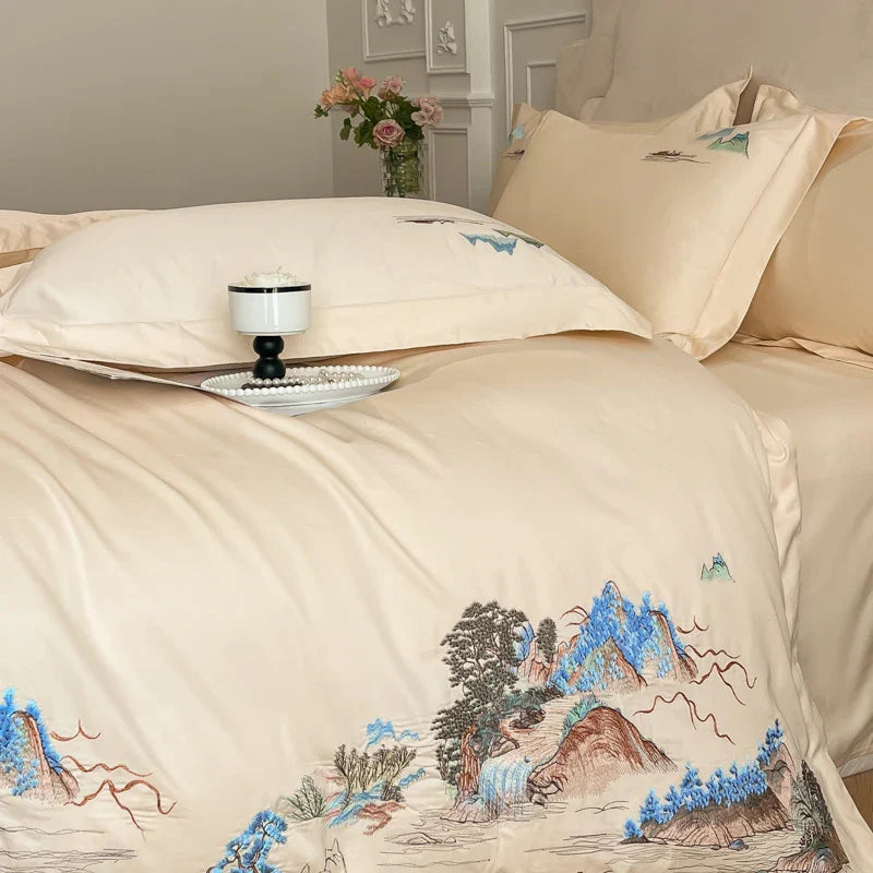 Afralia™ Mountain River Landscape Embroidery Bedding Set - Duvet Cover, Bed Sheet, Pillowcases