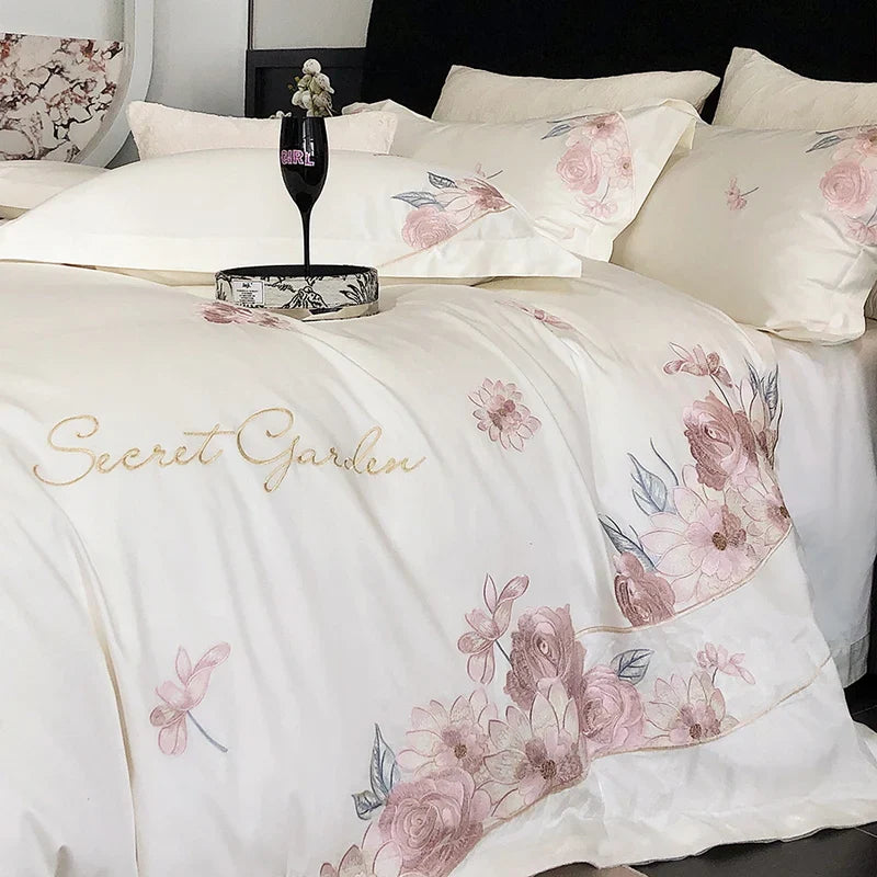 Afralia™ Luxury Flowers Embroidery Bedding Set 600TC Egyptian Cotton Duvet Cover Queen King Size
