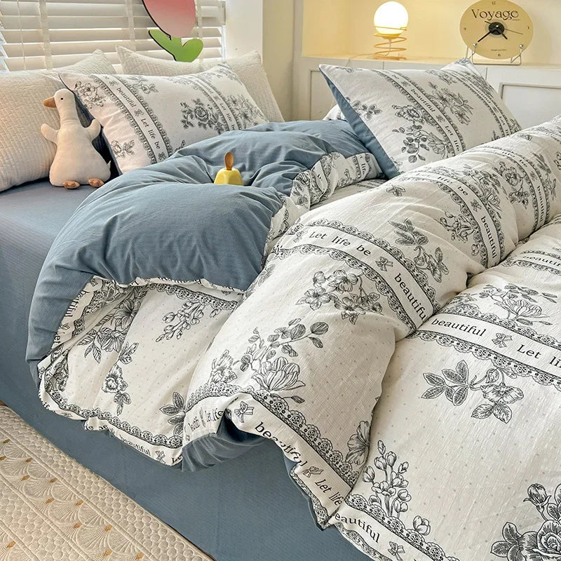 Afralia™ Double-Layer Yarn Printed Cotton Quilt Cover Set - Queen/King/Double/Single Bed