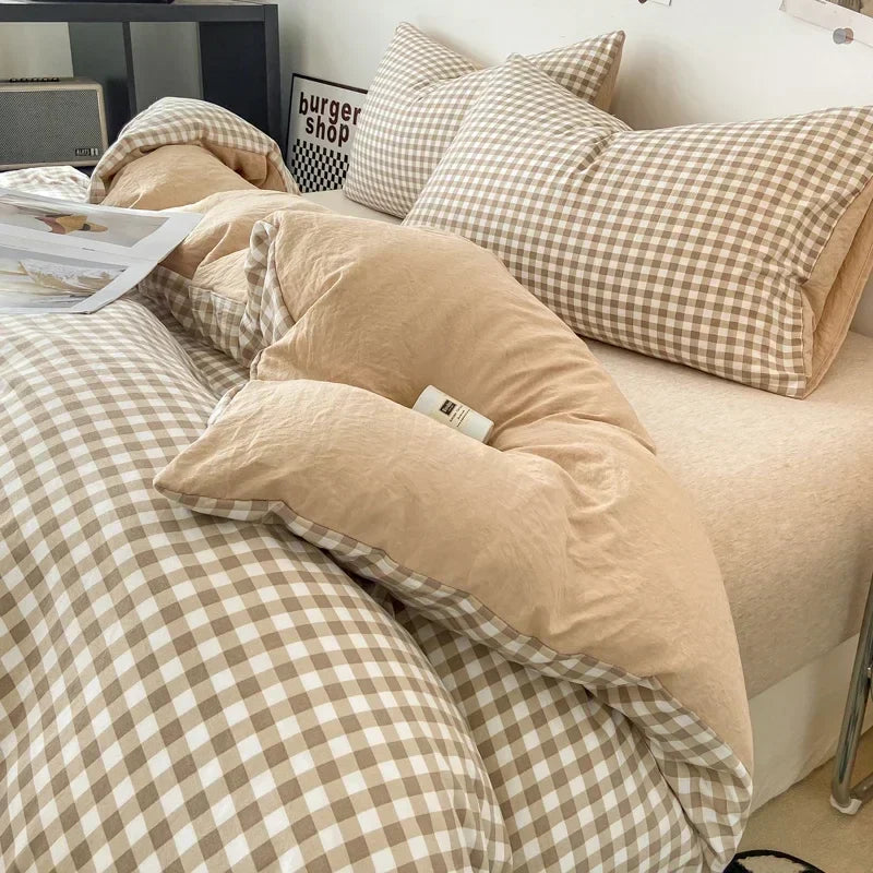 Afralia™ Japanese Style Check Duvet Cover Set - Soft Washed Quilt Cover & Pillowcase
