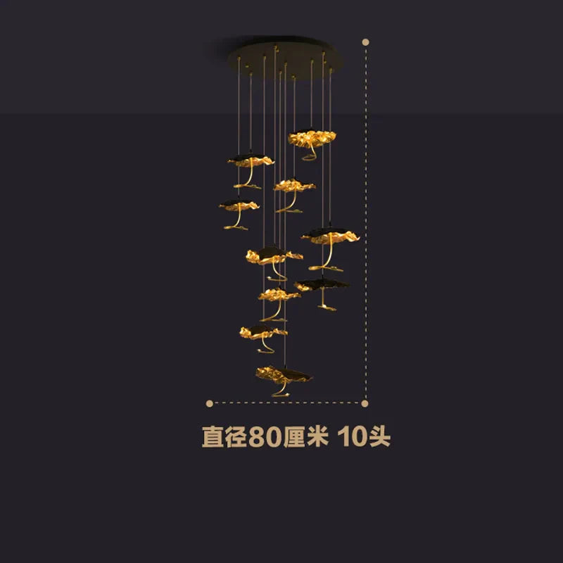 Afralia™ Lotus Staircase LED Chandelier - Multi-Head Copper Black Gold Hanging Lamp