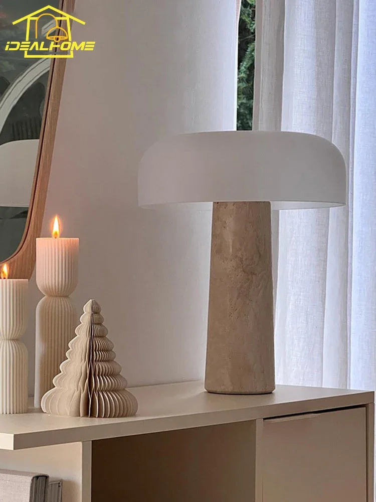 Afralia™ Cream Wind Mushroom Desk Lamp LED Marble Art Decor Living Study Decor
