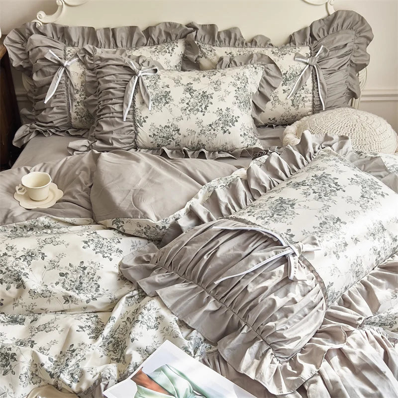 Afralia™ French Vintage Flowers Cotton Bedding Set with Lace Ruffles & Pleats
