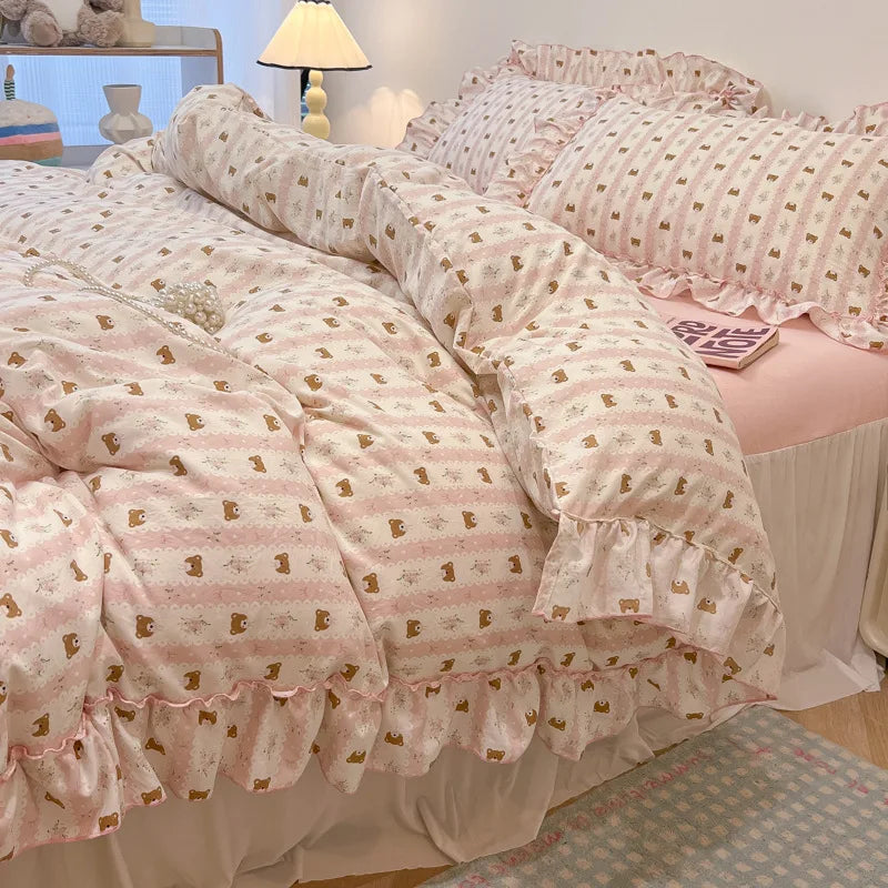 Afralia™ Korean Princess Floral Print Bedding Set in Washed Cotton for Girls