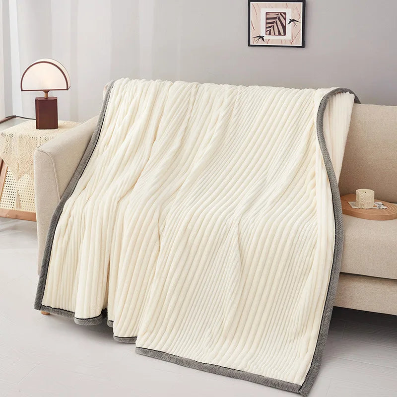 Afralia™ Solid Stripe Faux Rabbit Blanket Flannel for All Seasons, Single Double Bed