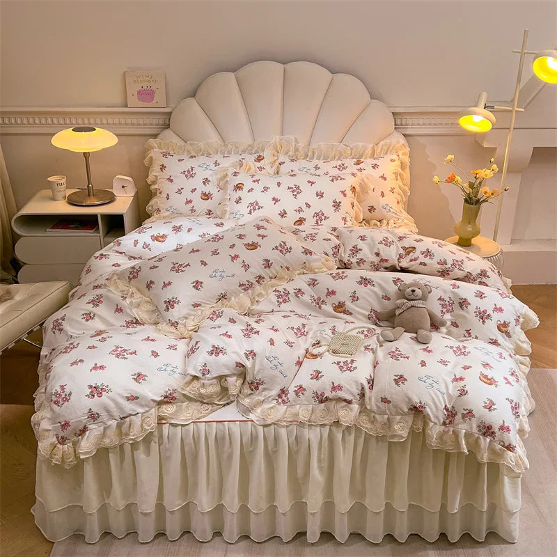 Afralia™ Princess Lace Ruffles Floral Bedding Set with Duvet Cover and Bed Skirt