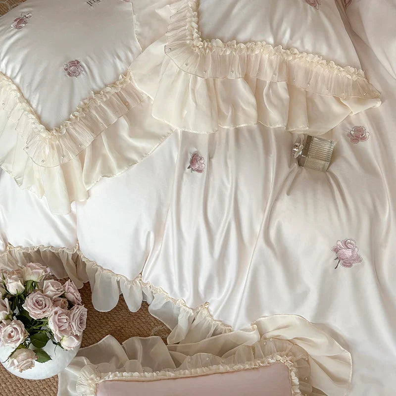 Afralia™ Vintage Rose Embroidery Lace Princess Wedding Bedding Set