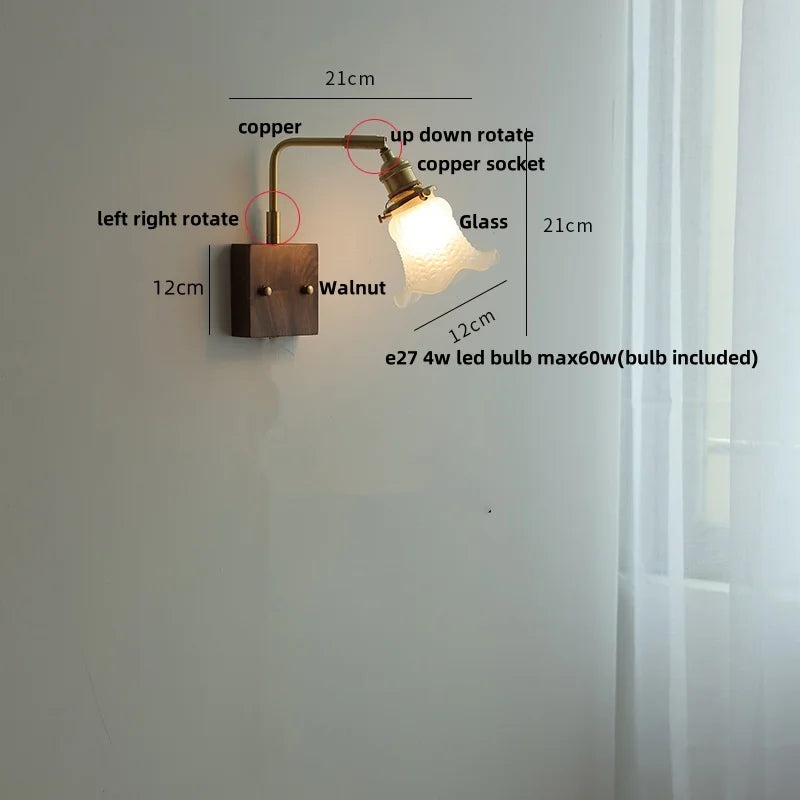 Afralia™ Brass Walnut Wood LED Wall Sconce with Pull Chain Switch & Flower Glass