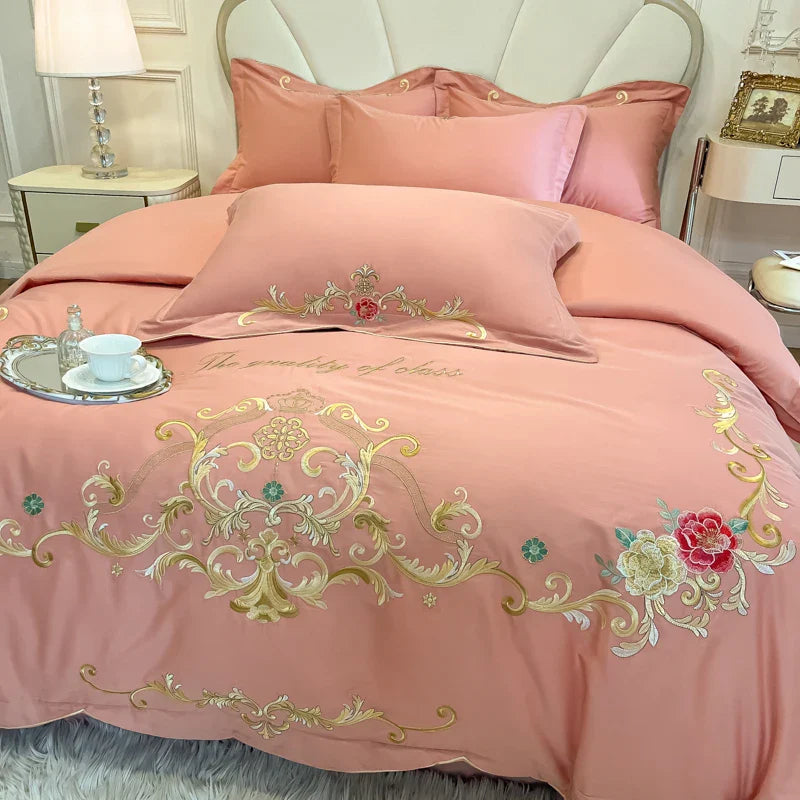 Afralia™ Floral Embroidery Luxury Bed Set - Queen/King Duvet Cover, Sheet, Pillowcases