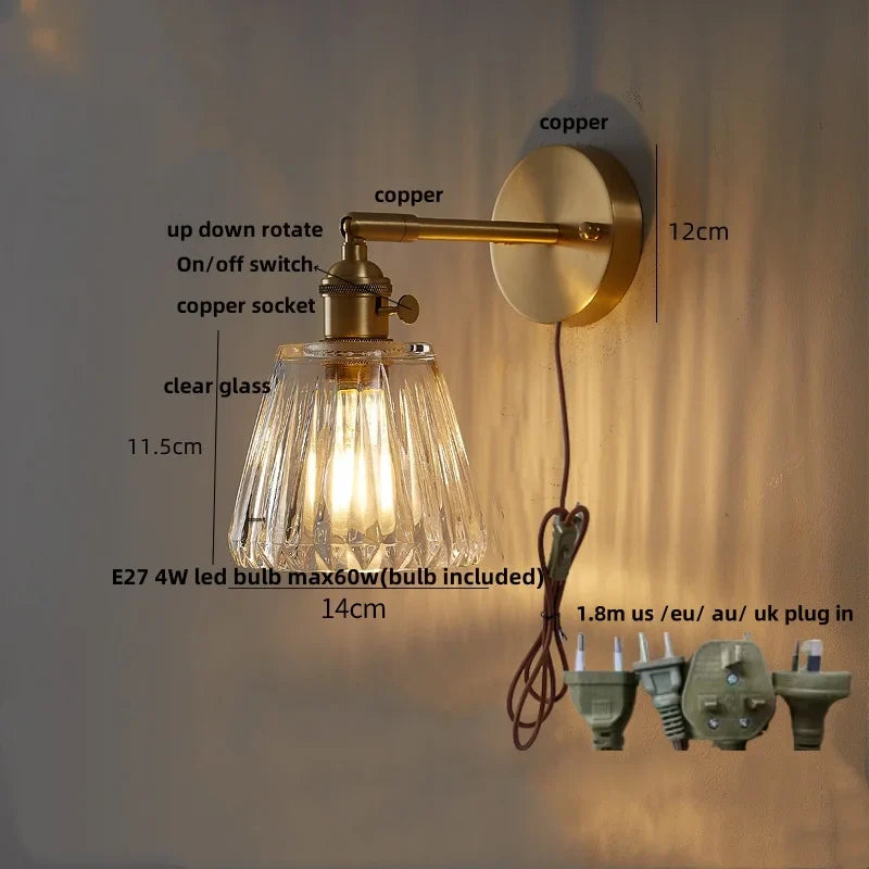 Afralia™ Clear Glass LED Wall Sconce with Pull Chain, Rotating Copper Socket