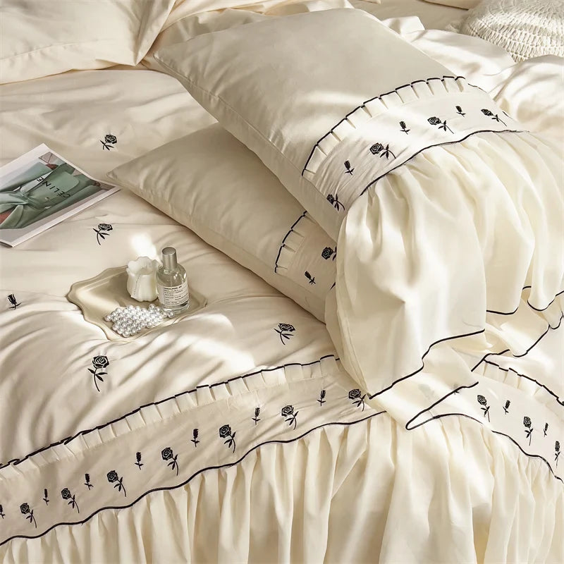 Afralia™ Rose Flowers Embroidery Lace Ruffles Princess Bedding Set with Egyptian Cotton