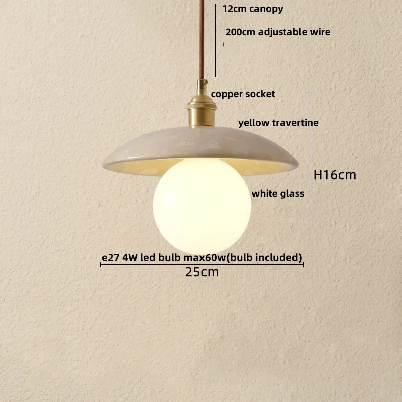 Afralia™ White Glass LED Pendant Light Fixture - Nordic Modern Yellow Travertine Hanging Lamp